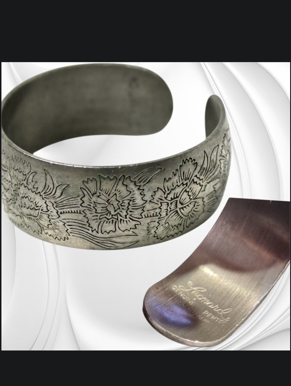 Vintage Leonard pewter cuff bracelet intricate etched carnation floral Design